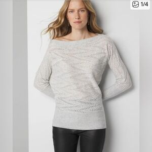 White House Black Market Light Gray Off-the-Shoulder Openwork Sweater